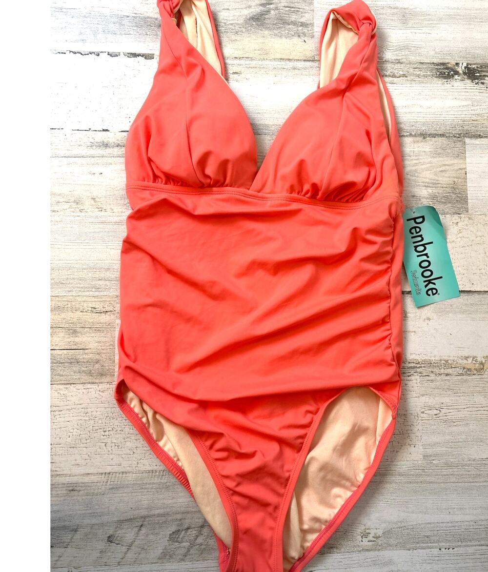 Penbrooke Womens 12 Coral Pink Ruched Tummy Control One Piece Swimsuit NWT Beach